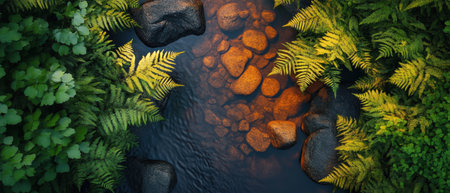 Cool forest stream amidst lush greenery creates a serene natural retreat in bright colorsの素材