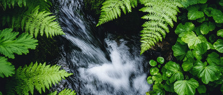 Stunning forest stream flows serenely through lush green ferns and leaves in vibrant detailの素材