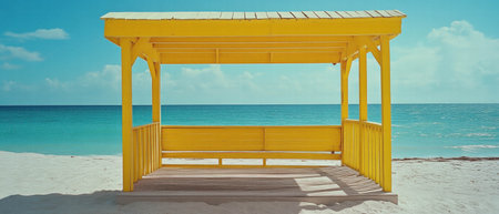 Bright cabana providing shade on a tranquil beach under a clear blue skyの素材