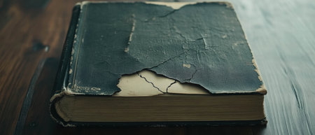Cracked leather binding of a classic novel resting on a wooden surfaceの素材