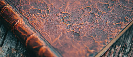 Cracked leather binding of a classic novel displayed on a rustic wooden surfaceの素材