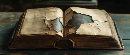 Cracked leather binding revealing the history of a classic novel over timeの素材