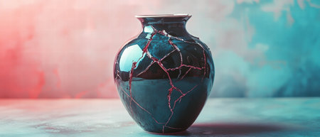 Cracked porcelain vase displayed against a colorful background showcasing intricate damageの素材
