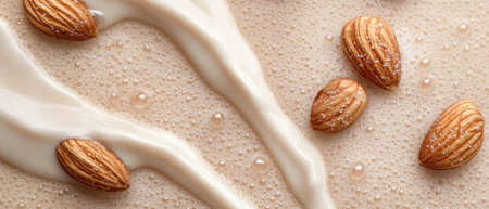 Cream droplets surround almond nuts on a beige surface in a culinary displayの素材