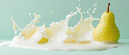 Creamy milk splash with pear on pastel green backdrop creates vibrant contrastの素材