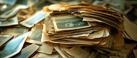 Collection of crumpled and yellowed photographs from a forgotten time periodの素材