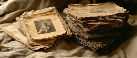 Crumpled and yellowed photographs capturing memories from a bygone eraの素材