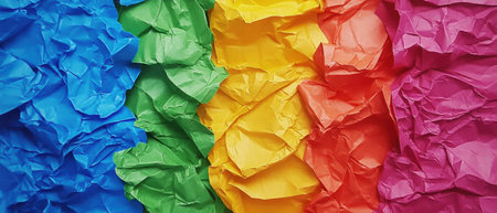Vibrant colors of crumpled paper creating a chaotic yet artistic compositionの素材