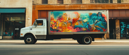 Vibrant delivery truck making a turn in an urban environment during daytimeの素材