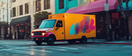 Brightly colored delivery truck making a turn on a busy street during daylight hoursの素材
