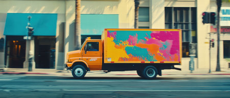 Brightly colored delivery truck maneuvers through urban intersection under clear skyの素材