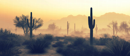 Dusty desert landscape with towering cacti bathed in soft evening lightの素材