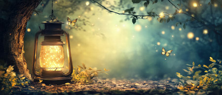 Enchanting fairy lights illuminate a magical garden at twilightの素材