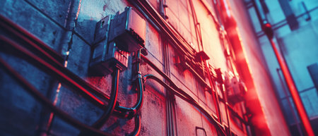 Exposed electrical wiring in a new construction site showcasing intricate details and vibrant colorsの素材