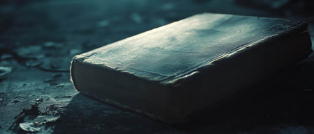 Faded leather book cover resting on a weathered surface with a moody atmosphereの素材
