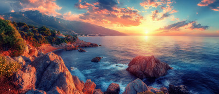 Fiery sunset illuminating rugged coastline with vibrant colors and soft lightingの素材