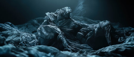 Frayed fabric of an old flag illuminated in dim light showcasing wear and decayの素材