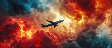 Brightly colored freight aircraft soaring through vibrant clouds at sunsetの素材