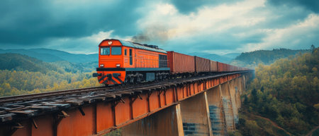 Freight train traverses a vibrant bridge surrounded by stunning landscapeの素材