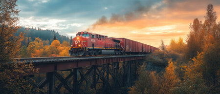 Bright freight train crossing a rustic bridge during sunset in a vibrant landscapeの素材