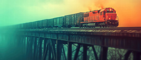 Freight train crosses a vibrant bridge with bright colors at dawn or duskの素材