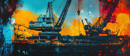 Industrial cranes working at a vibrant port during sunsetの素材