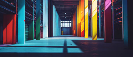 Vibrant industrial warehouse with colorful storage racks and dynamic light playの素材