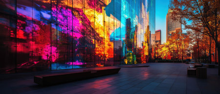 Vibrant glass facade installation showcasing colorful reflections and dynamic cityscapeの素材
