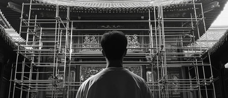 Intricate scaffolding surrounds restored building facade in urban renovation effortの素材