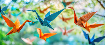 Vibrant display of intricately folded paper cranes in a colorful settingの素材