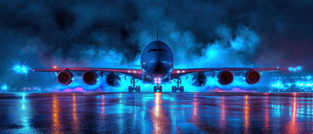 Large cargo plane preparing for takeoff on a vibrant, illuminated runway at nightの素材