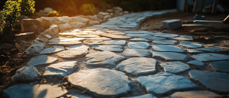 Laying stone patio with natural light highlighting the craftsmanship and materialsの素材