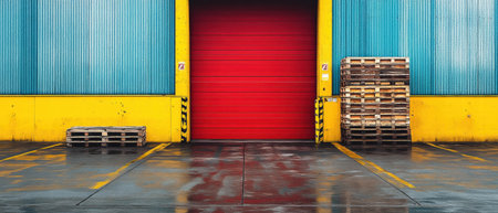 Vibrant loading dock with pallets and bright red door in industrial settingの素材