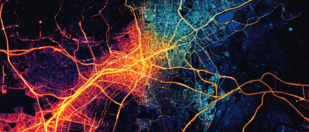 Logistics map showcasing vibrant routes and pathways in a bustling urban areaの素材