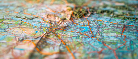 Logistics map displaying vibrant routes and detailed geographic features across a regionの素材