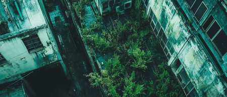 Lush rooftop garden flourishing amidst an urban landscape with natural beautyの素材