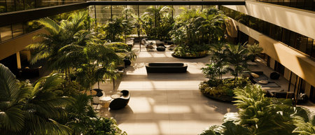 Vibrant rooftop garden showcasing urban greenery and tranquility in a high-rise environmentの素材