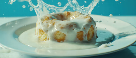 Creative milk splash capturing a cinnamon roll on a creamy background with vibrant colorsの素材