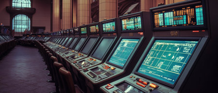 Luxurious betting shop filled with horse racing screens and advanced technologyの素材