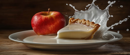 Milk droplets surround a slice of apple pie placed on a wooden tableの素材
