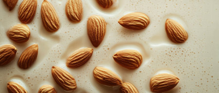 Milk droplets surround almond nuts on a smooth beige surface, creating a rich texture and colorの素材