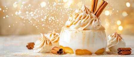 Milk splash creates dynamic effect with a cinnamon roll on a creamy backdropの素材