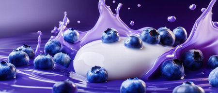 Dynamic milk splash accompanied by fresh blueberries on a vibrant violet backdropの素材