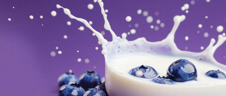 Milk splash with blueberries captured on vibrant violet backgroundの素材