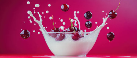 Milk splashes with cherries create dynamic contrast on vibrant red backdropの素材
