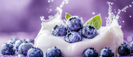 Milk splashes beautifully with blueberries on a vibrant violet backgroundの素材