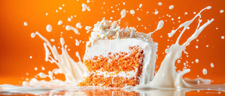 Carrot cake slice splashed by milk droplets on vibrant orange backgroundの素材