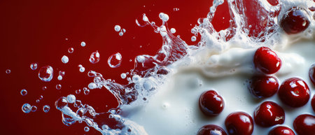 Vibrant cherry milk splash against a bright red background creating dynamic visual chaosの素材