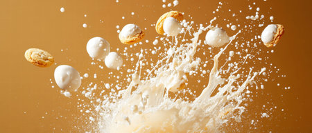 Milk splashes dramatically around flying cookies on a warm brown backgroundの素材