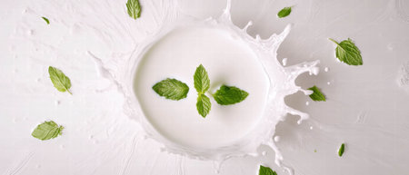 Milk splash creates dynamic scene with fresh mint leaves on a smooth white backgroundの素材